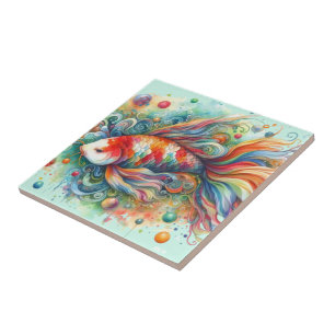 Colourful Koi Fish Whimsical Watercolor Orange Tea Ceramic Tile