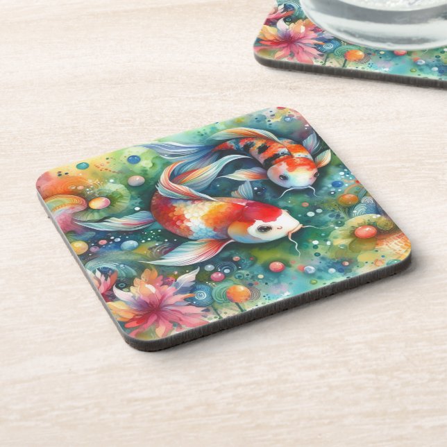 Colourful Koi Fish Whimsical Watercolor Orange Tea Coaster (Left Side)
