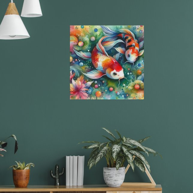 Colourful Koi Fish Whimsical Watercolor Orange Tea Poster (Living Room 1)