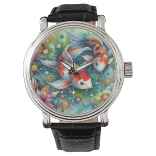 Colourful Koi Fish Whimsical Watercolor Orange Tea Watch