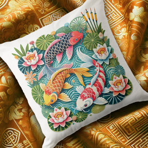 Colourful Koi Swimming in Lotus Filled Pond Cushion