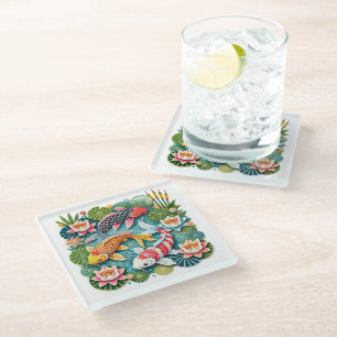 Colourful Koi Swimming in Lotus Filled Pond Glass Coaster