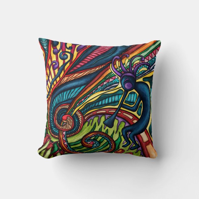 Colourful Kokopelli dancer with flute, Southwester Cushion (Front)