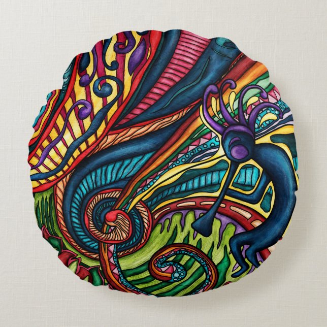 Colourful Kokopelli dancer with flute, Southwester Round Cushion (Front)