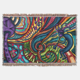Colourful Kokopelli dancer with flute, Southwester Throw Blanket