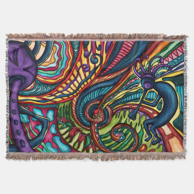 Colourful Kokopelli dancer with flute, Southwester Throw Blanket (Front)