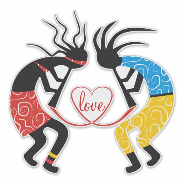 Colourful Kokopelli figures love heart (Front)