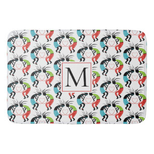 Colourful Kokopelli heart pattern and monogram Bath Mat