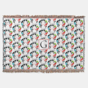Colourful Kokopelli heart pattern and monogram Throw Blanket