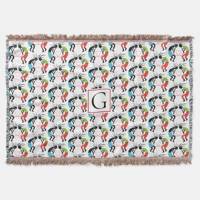 Colourful Kokopelli heart pattern and monogram Throw Blanket (Front)