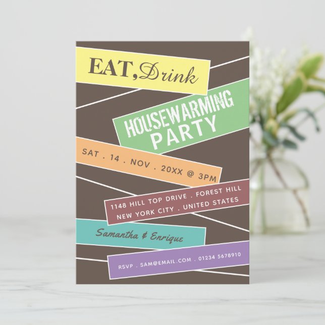 Colourful Label, Housewarming Party Invite (Standing Front)