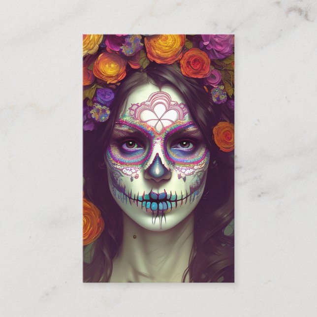 Colourful Lace Sugar Skull Portrait Business Card (Front)