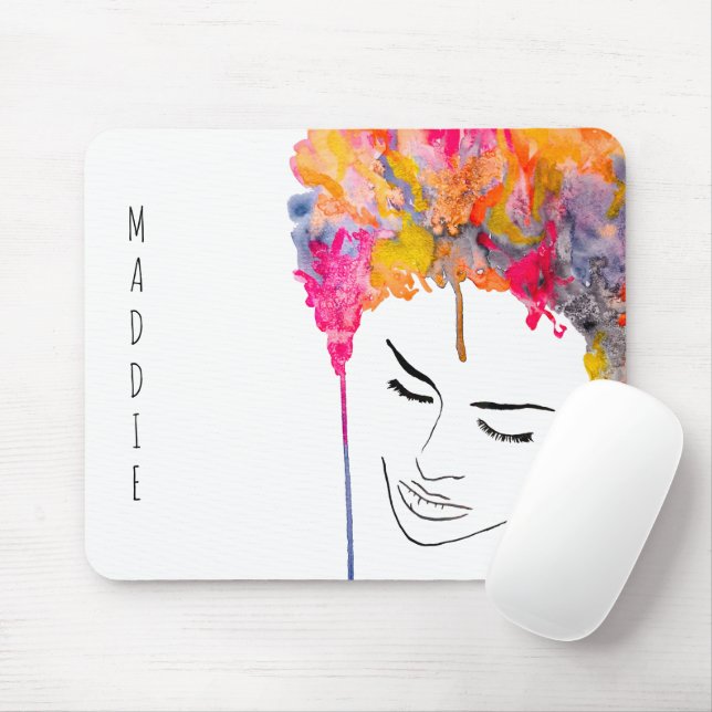 Colourful lady funky hair watercolor mouse pad (With Mouse)