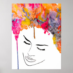 Colourful lady funky hair watercolor poster