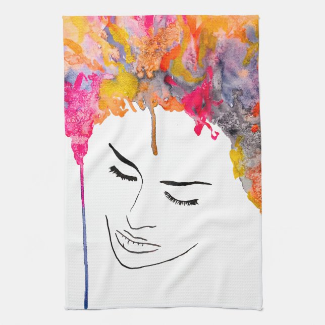 Colourful lady funky hair watercolor tea towel (Vertical)