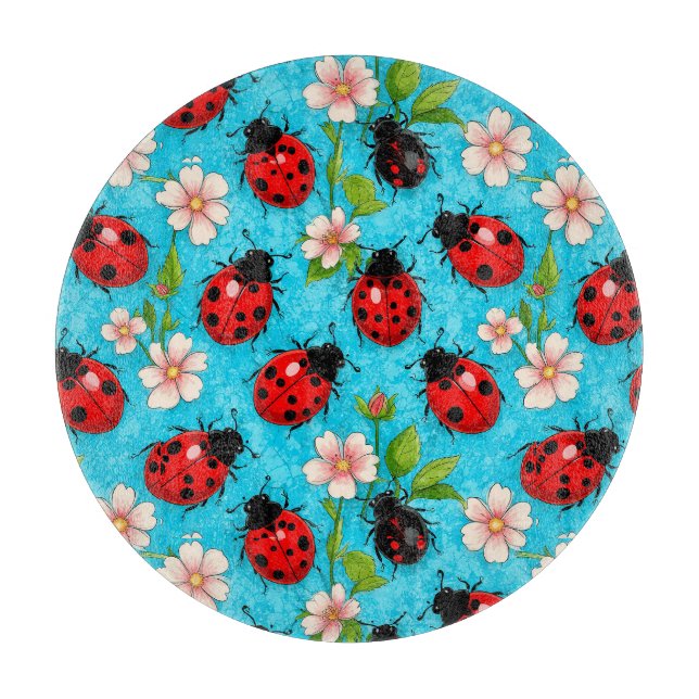 Colourful Ladybug Pattern with Flowers Cutting Board (Front)