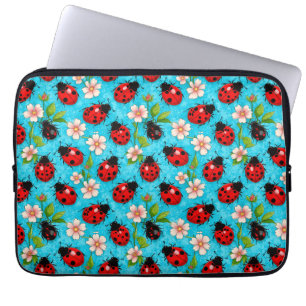 Colourful Ladybug Pattern with Flowers Laptop Sleeve