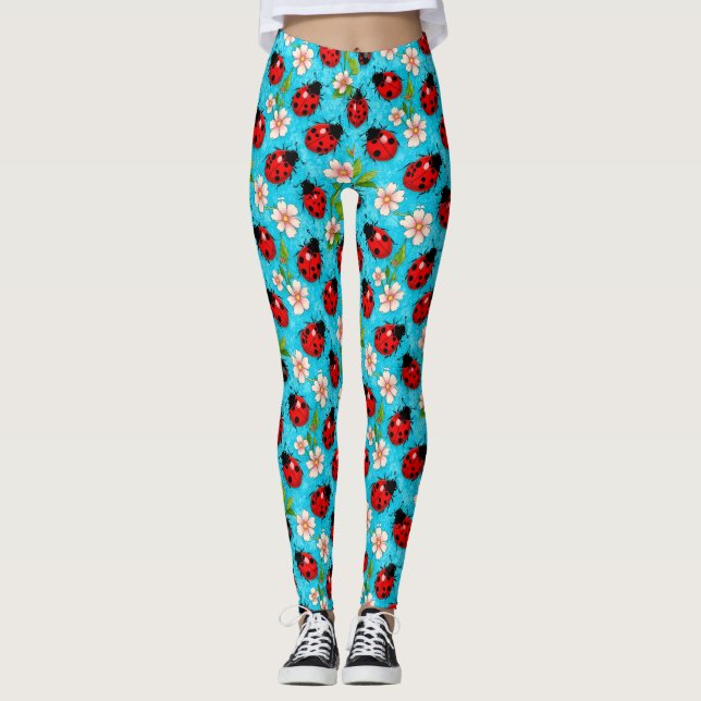 Colourful Ladybug Pattern with Flowers Leggings (Front)