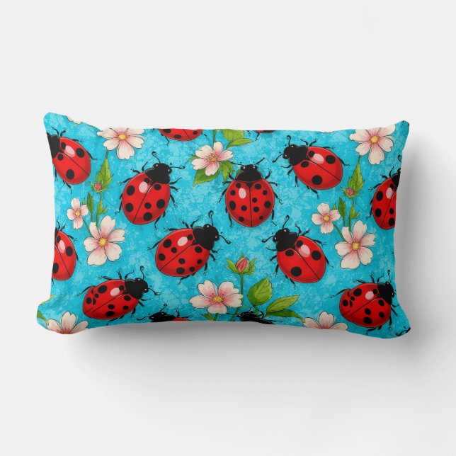 Colourful Ladybug Pattern with Flowers Lumbar Cushion (Front)