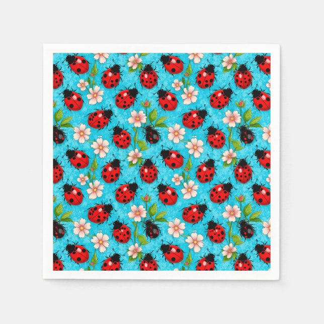 Colourful Ladybug Pattern with Flowers Napkin (Front)