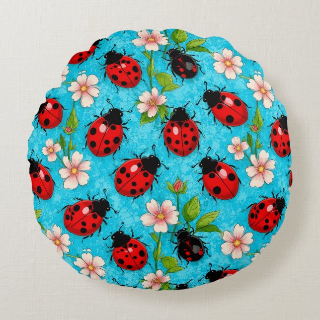 Colourful Ladybug Pattern with Flowers Round Cushion (Front)