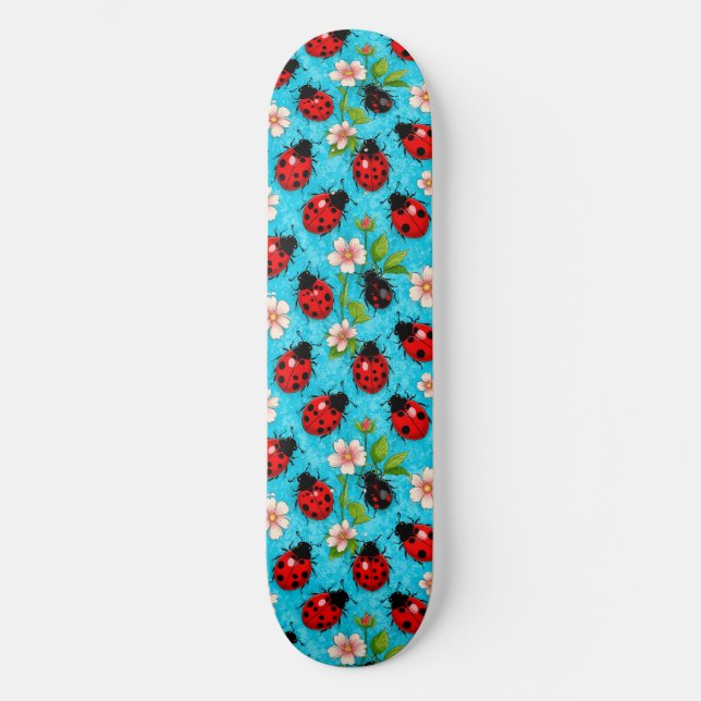 Colourful Ladybug Pattern with Flowers Skateboard (Front)