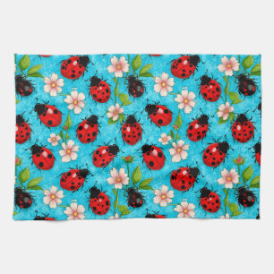 Colourful Ladybug Pattern with Flowers Tea Towel