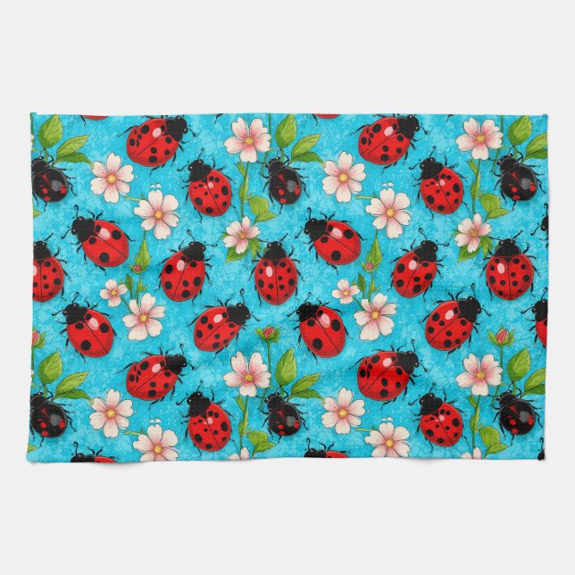 Colourful Ladybug Pattern with Flowers Tea Towel (Horizontal)