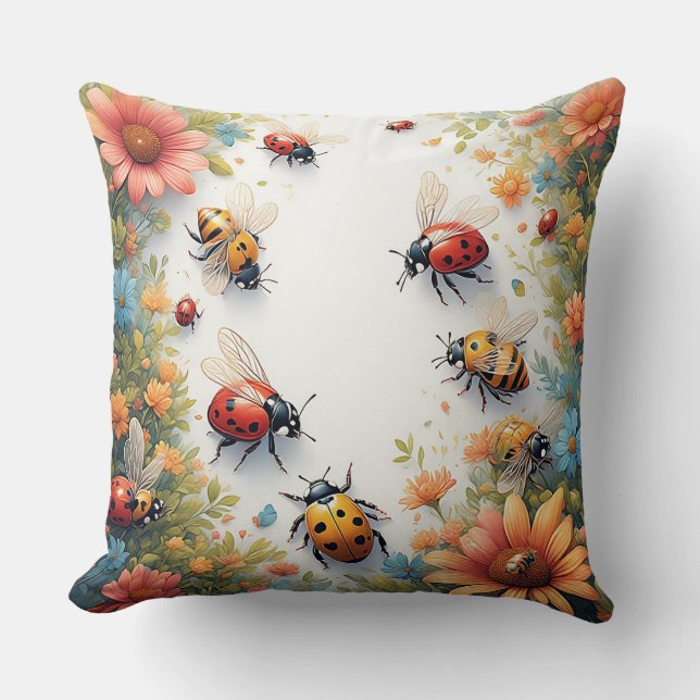 Colourful Ladybugs and Bees Cushion (Front)