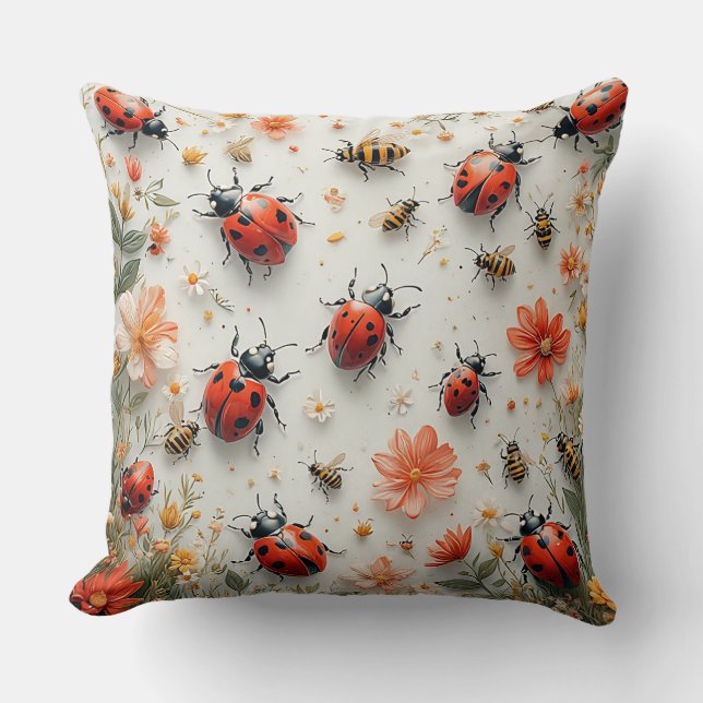 Colourful Ladybugs and Bees Cushion (Front)