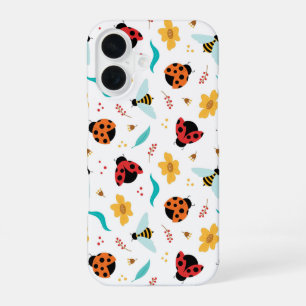 Colourful Ladybugs and Bees on a Floral iPhone 16 Case