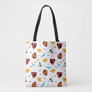 Colourful Ladybugs and Bees on a Floral Tote Bag