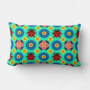 Colourful Ladybugs and Flowers Lumbar Cushion