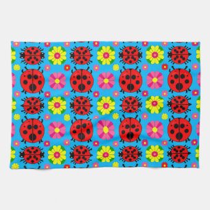 🐞 Colourful Ladybugs Floral Blue Garden 🌸 Tea Towel