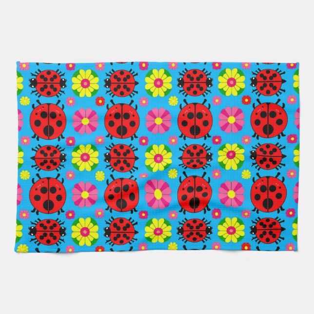 🐞 Colourful Ladybugs Floral Blue Garden 🌸 Tea Towel (Horizontal)