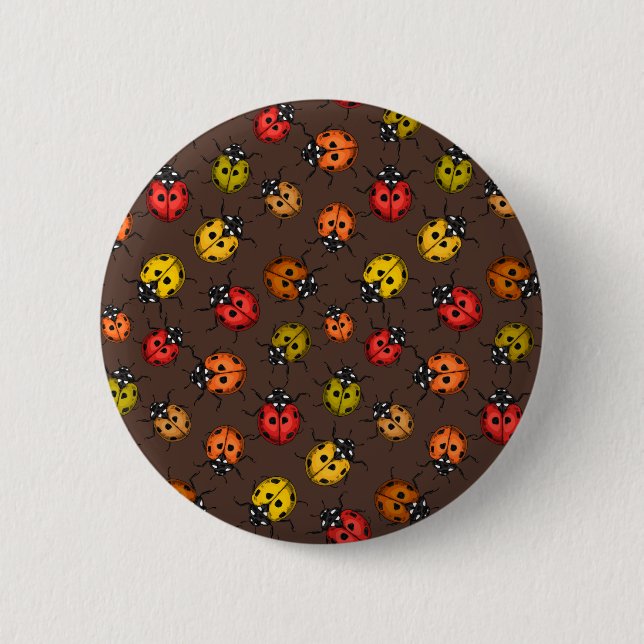 Colourful ladybugs on brown 6 cm round badge (Front)