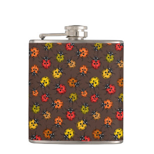 Colourful ladybugs on brown hip flask