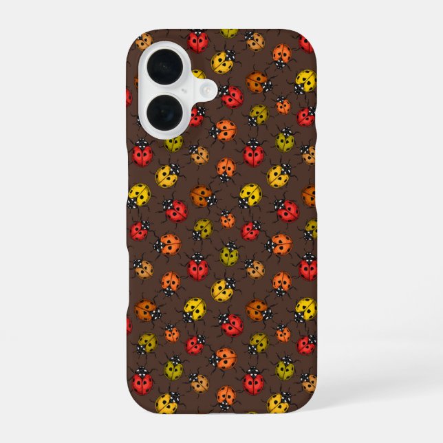 Colourful ladybugs on brown iPhone 16 case (Back)