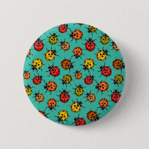Colourful ladybugs on turquoise 6 cm round badge