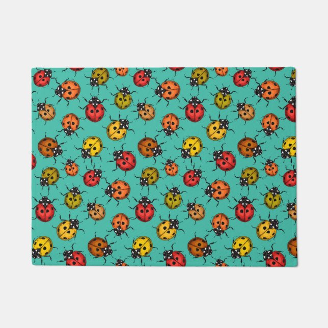 Colourful ladybugs on turquoise doormat (Front)