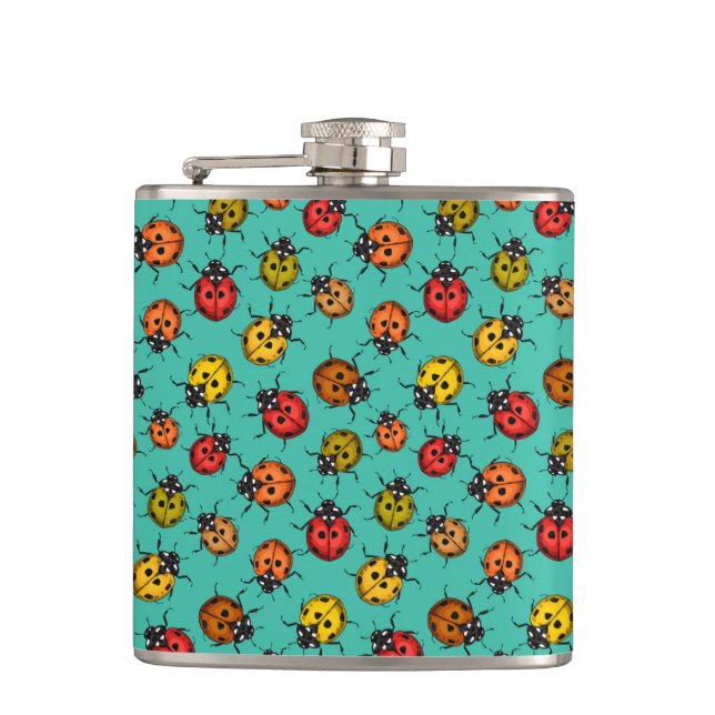 Colourful ladybugs on turquoise hip flask (Front)