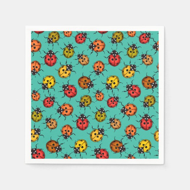 Colourful ladybugs on turquoise napkin (Front)