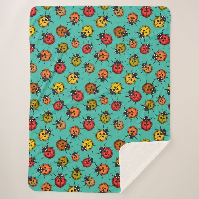 Colourful ladybugs on turquoise sherpa blanket (Front)