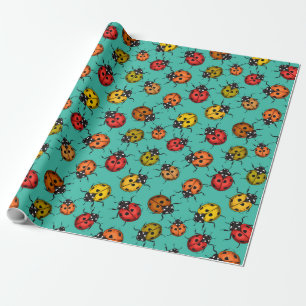 Colourful ladybugs on turquoise wrapping paper