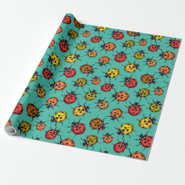 Colourful ladybugs on turquoise wrapping paper (Unrolled)
