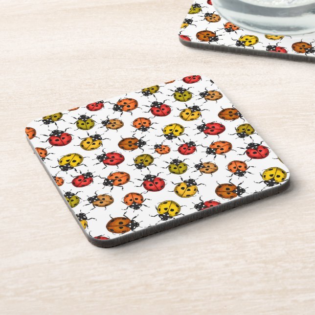 Colourful ladybugs on white coaster (Left Side)