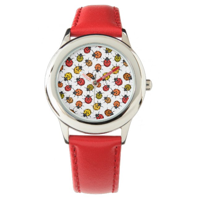 Colourful ladybugs on white watch (Front)