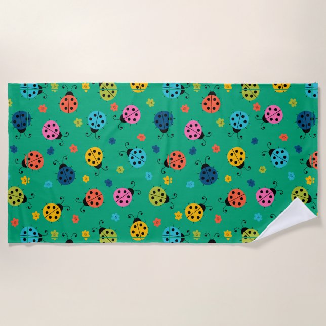 Colourful Ladybugs Turquoise Pattern Beach Towel (Front)