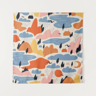 Colourful landscape, mountains, lakes, seamless. tapestry