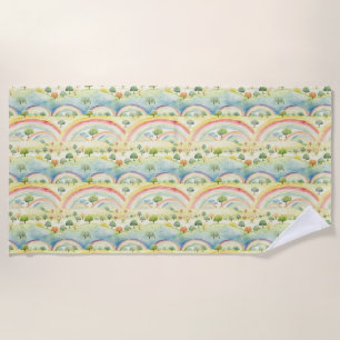 Colourful Landscape with Trees, Hills, and Rainbow Beach Towel